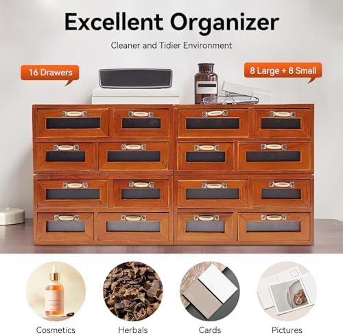 4 Pack 16 Drawers Vintage Wooden Desk Drawer Organizer Tabletop Chest for Home Office - Image 3