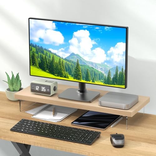 Monitor Stand Riser, 25x10 in Wood & Acrylic Computer Desk Organizer Shelf - Image 2