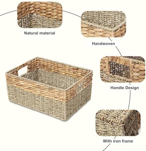 YAHUAN Natural Water Hyacinth & Seagrass Woven Storage Baskets – Wicker Storage Basket Organizer Bins with Handles for Home & Office Pantry Shelf (Medium) - Image 4