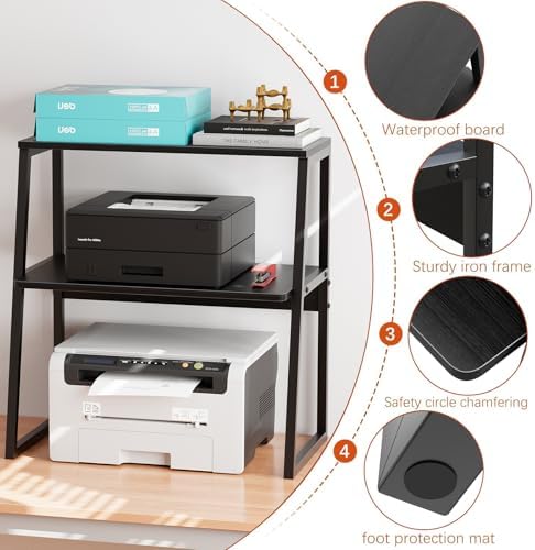 Arbuxzuy Printer Stand, Desktop Printer Shelf, 3 Tier Desk Shelf for top of Desk, Large Printer Stands Office Organization Shelves for Home Office Printer Fax Book, Black - Image 5