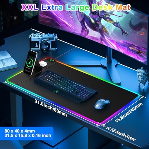 XXL RGB LED Gaming Mouse Pad with Magnetic Wireless Charger & Foldable Phone Holder, 31.5"x15.8" Extended Ultra-Smooth Desk Mat, 25 Lighting Effects, Non-Slip Base - Image 5