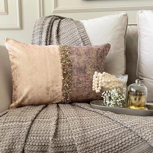The HomeCentric Pack of 2 Decorative Lumbar Pillow Cover Ivory & Gold, 12"x18" (30x45 cm) Velvet Gold Foil, Sequins Embroidered, Handmade Lumbar Cushion Covers Abstract Modern - Shimmering Erosion - Image 6