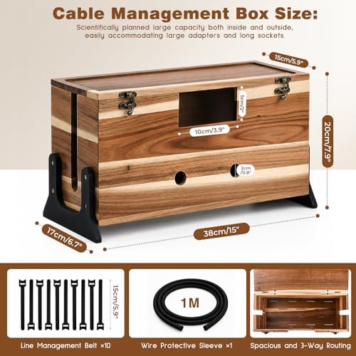 Extra Large Cable Management Box, 14.2-Inch Acacia Wood Cord Hider Box with Dual Locks and Magnetic Lid, Power Strip Cover and Cable Organizer for Desk, Floor, TV Wires and Home Office - Image 2