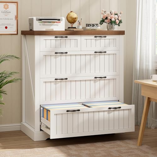 SEDETA Farmhouse File Cabinet with 5 Drawers, Filing Cabinet for Home Office, Wood Office File Cabinets for Letter/Legal/A4 Size, File Cabinets with Printer Stand, White and Brown by SEDETA