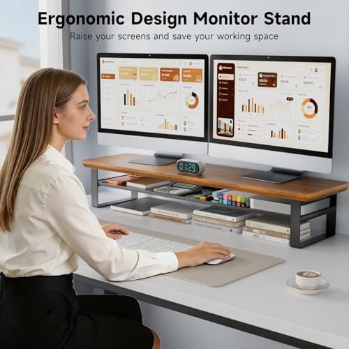 Dual Monitor Stand, 35.4 Inch Monitor Stand Riser for 2 Monitors, 2 Tiers Wood Desk Shelf with Storage, Desktop Organizer Stand for Computer, Laptop, Printer, TV - Image 6