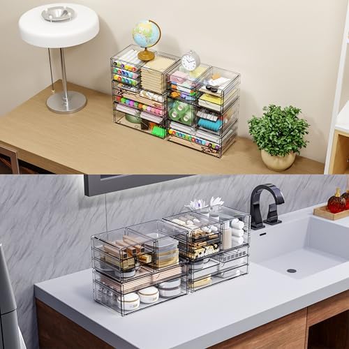 Yieach 2 Pack Acrylic Storage Drawers With 12 Small Drawer,Stackable Office Cabinet Organizer and Makeup Organizer,Clear Plastic Drawers for Craft Supply,Pen,Stationary,Accessory,Makeup,Desk Organizer - Image 4