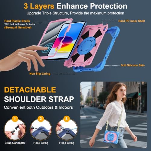 Case for iPad (A16) 11th/10th Generation 11/10.9 Inch 2025/2022, Ubearkk for iPad a16 case with Screen Protector, 360 Degree Rotating Stand Shoulder Strap Pencil Holder,Blue Pink - Image 3