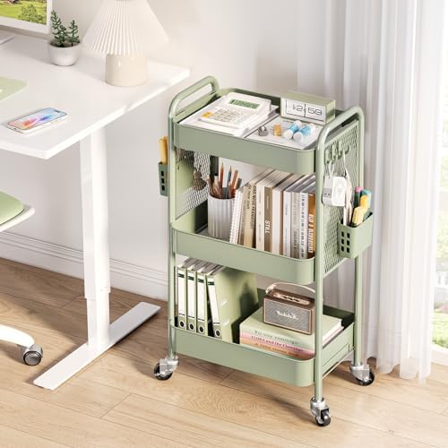 TOOLF 3 Tier Rolling Cart, Metal Utility Storage Cart with Pegboard, Green - Image 2