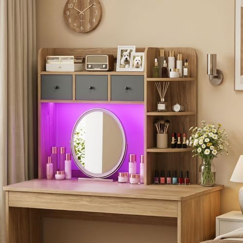 Tangkula Desktop Bookshelf with LED Lights, Dorm Desk Hutch, Natural - Image 4