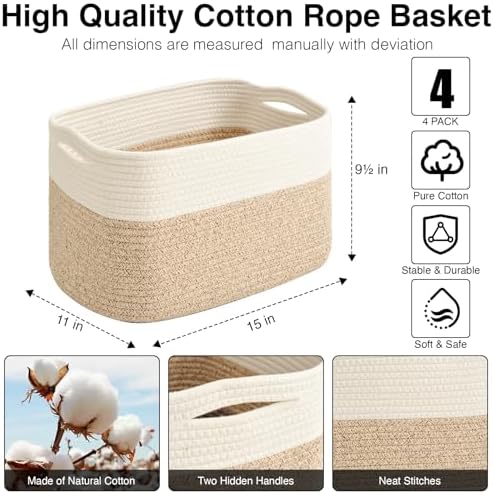 ICERZCZ Storage Baskets for Organizing & Shelves, Woven Cotton Rope Organization Bins for Dog Toys, Clothes, Books, Nursery Organizer, 15"Lx11''Wx9.5''H, (4 Packs) Off White & Brown - Image 3