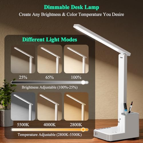 cozoo LED Desk Lamp USB A/C AC Pen Holder Dorm Home Office Desk Light White - Image 2