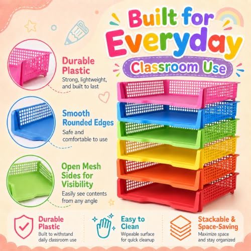 6 Pcs Colorful Turn in Trays Classroom, Stackable Paper Bins for Classroom, 13x9x2.8 inch Plastic Baskets Desktop Organization System Office (Colorful) - Image 3