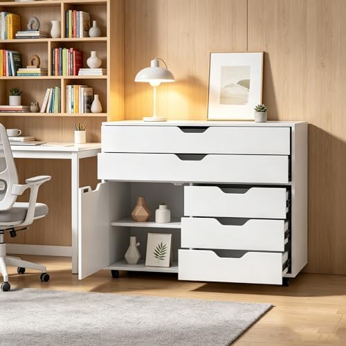 LOKO 5-Drawer Mobile File Cabinet, Wood Office Storage Cabinet (White) - Image 4