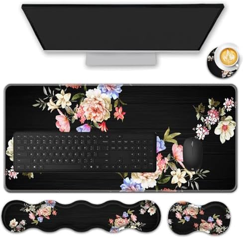 Mouse Pad Set,(31.5×11.8 in) Desk Pad + Keyboard Wrist Rest Support + Mouse Wrist Rest + Coaster for Office,Home,Computer,Laptop - 4 Peony Flower by FGDRFGRW