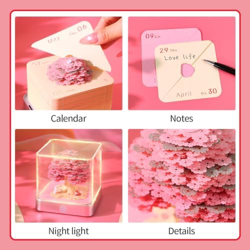 3D Calendar 2027,3D Time Piece Calendar 2027 With LED Lights,3D Art Calendar Memo Pad 2027,Pink Tree Desktop Decoration,Tear-Away 3D Paper Art Notepad,Christmas Gift,New Year Gift (Romantic Tree House (Pink)) - Image 5