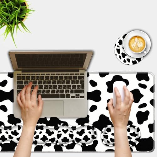 Mouse Pad Set,(31.5×11.8 in) Desk Pad + Keyboard Wrist Rest Support + Mouse Wrist Rest + Coaster for Office,Home,Computer,Laptop - 4 Cute Cow Pattern - Image 2
