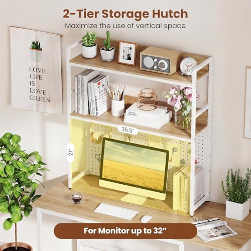 Tangkula Desktop Bookshelf, Multipurpose 2-Tier Desk Hutch with Pegboard, Industrial Countertop Storage Organizer Rack for up to 32" Computer Monitor, Hutch for Dorm Home Office (Natural) - Image 6