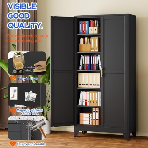 GAIOUS 75'' Tall Metal Garage Storage Cabinet, File Cabinet with 2 Doors and 5 Adjustable Shelves, Black Outdoor Steel Tool Cabinets for Home Office,Warehouse,Garage - Image 3