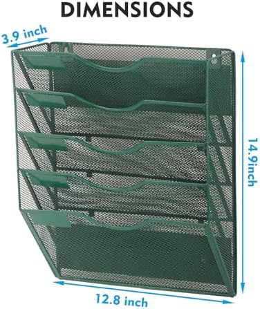 EASEPRES Magnetic 5 Pocket Mesh Hanging File Organizer, Wall Mounted Mail Paper Document Folder Holder, Clipboard Storage Organization Magazine Rack with Nametag Label for Office School, Dark Green - Image 3