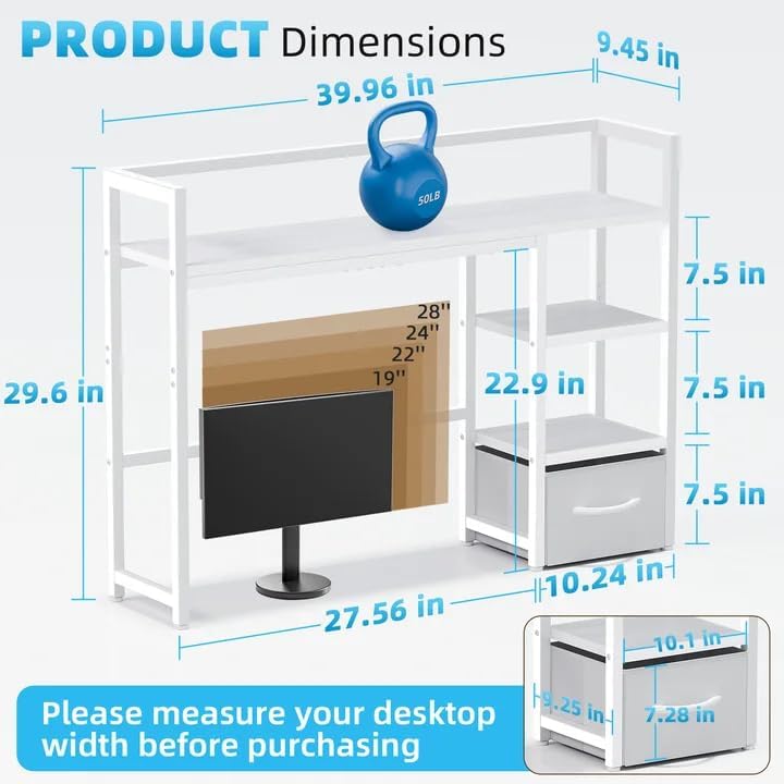 Marbrasse Desk Shelf with Drawer, 40" Desk Hutch for Computer Monitor, Desk Shelf for top of Desk, Wooden Desktop Bookshelf Storage Rack for Home Office Dorm - White - Image 3