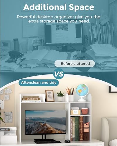 LAND·VOI Desktop Bookshelf, Countertop Storage Hutch with 5 Shelves for Computer Desk, Desk Organizer for Home Office Dorm, Dressing Tabletop, Bar Countertop, White EDS01W - Image 3