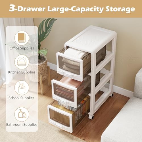 Giantex 3-Tier Rolling Storage Cart, Utility Cart with 3 Drawers & Lockable Wheels for School Art Craft Supplies, Plastic Organizer and Storage for Kitchen and Home Office - Image 5