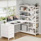 58" White L Shaped Desk with Bookshelf and 3 Drawers for Home Office by YomiluveDesign