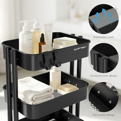 3 Tier Rolling Cart Metal Utility Cart with Lockable Wheels Home Office - Image 4