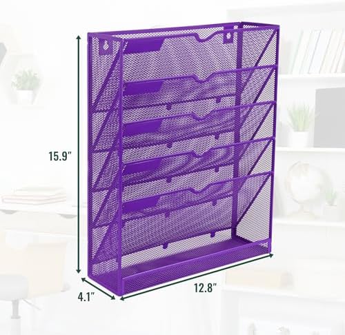 EASEPRES 6 Tier Mesh Hanging Wall File Organizer, Desk Vertical Mail Paper Document Folder Holder Rack with Bottom Tray and Nametag Label for Office Home School, Purple - Image 2
