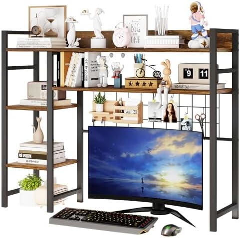 COCO DESIGN 4-Tier Desk Shelf, 38.6" Desktop Organizer Shelf with Grid Panel, Desk Hutch for Computer Monitor, Desktop Bookshelf Storage Rack for Home Office Wood Table Organizer Counter Shelf - Image 2