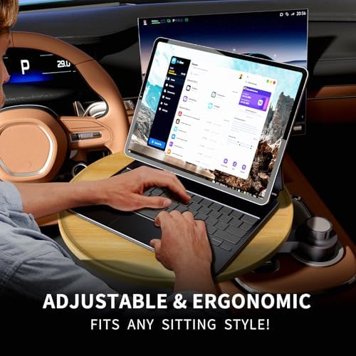 Car Tray & Car Desk for Laptop, 360° Rotating Wood Cup Holder Table, Steering Wheel Tray, Car Accessories for Women & Men,Compatible with Tesla Model Y/3/S, Ford F150/Explorer/Maverick & Most Vehicles - Image 3