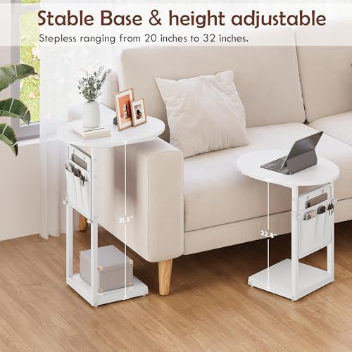 Vagusicc C Shaped End Table, Adjustable Height Small Side Table for Couch and Recliner, 32" Tall Couch Side Table Slide Under Sofa Tray Desk with Storage Bag for Living Room and Bedroom, White - Image 5
