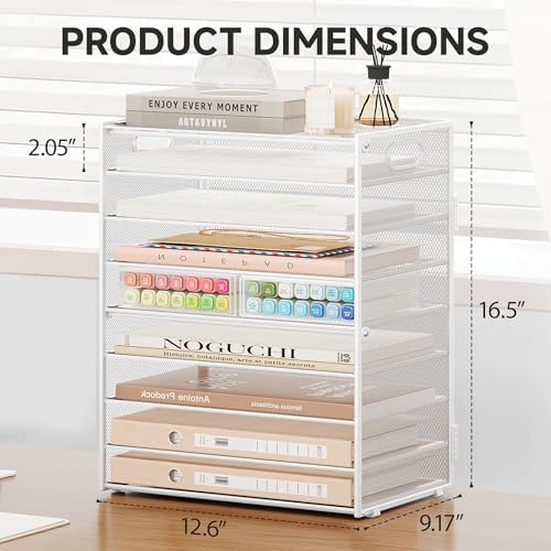 SUBEKYU 9 Tier Paper Letter Tray Desk Organizer with Handles - White Metal Mesh File Holder Paper Sorter Desk Organizer for Office Home School, Include 6 Pcs Adjustable Slid Tray, 6 Colors Available - Image 3