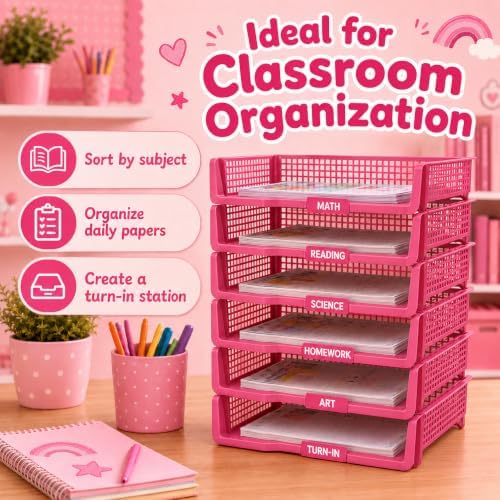 6 Pcs Purple Turn in Trays Classroom, Stackable Paper Bins for Classroom, 13x9x2.8 inch Plastic Baskets Desktop Organization System Office (Purple) - Image 6