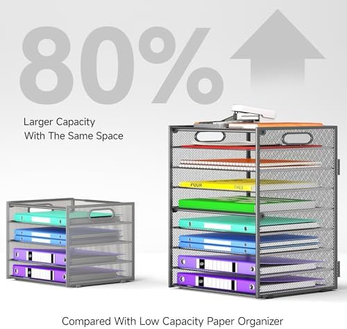 Cawukege 9 Tier Paper Organizer with Handle, 2 Pack Large Capacity Desk Organizer Mesh Paper Letter Tray File Folder Document Sorter for Classroom and Office Accessories Organization- Grey (2 Pack) - Image 3