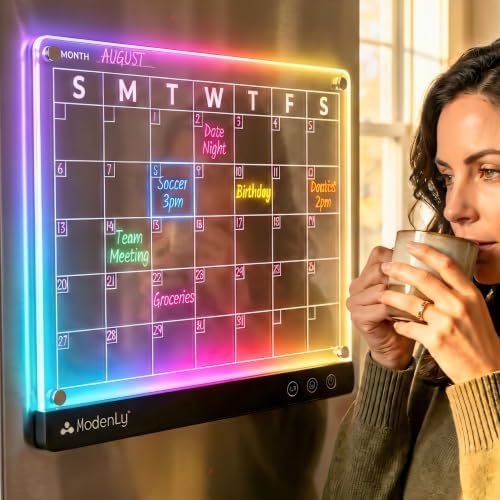 Magnetic LED Monthly Planner - Rechargeable 14x10" Acrylic Dry Erase Calendar for Fridge or Desk - Light-Up Illuminated Whiteboard with 7 LED Colors and Markers by Modenly-FunctionalbyDesign