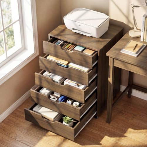 Byroce 5-Drawer Storage Cabinet with Wheels, Mobile Office Cabinet, Walnut - Image 2