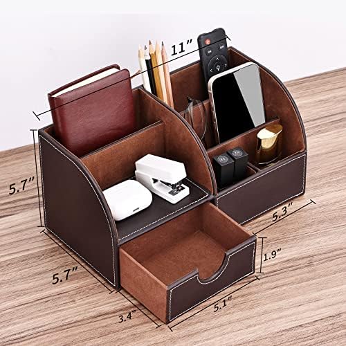 KINGFOM Pu Leather Desk Organizer Pen Pencil Holder Office Supplies Caddy Storage Box 6 Compartments with Drawer Brown - Image 6