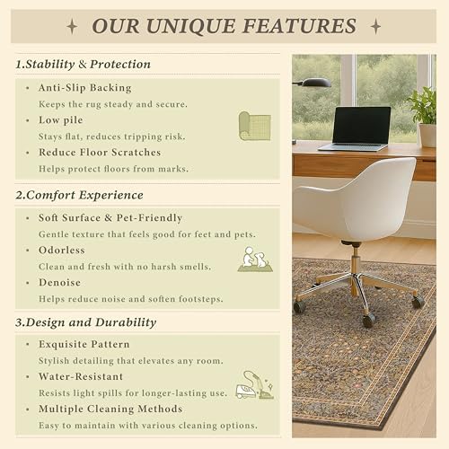 JTJ 5x6 Office Rug, Brown Vintage Floral, Washable Non Slip - Image 6