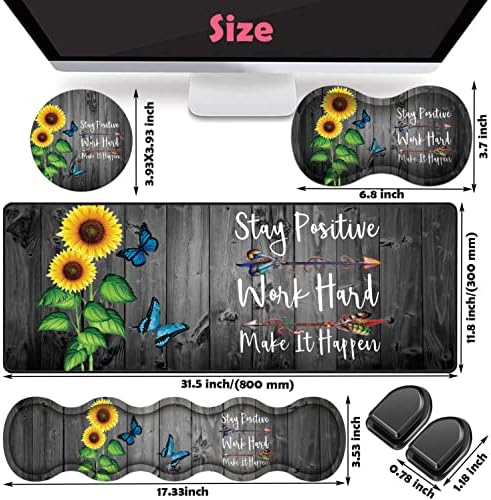Large Gaming Mouse Pad, Keyboard Wrist Rest + Mouse Wrist Pad + Coaster + Mini Hook Desk Pad Set, Memory Foam, Non-Slip Base. Suitable for Office and Home - Sunflower Inspirational Quote - Image 6