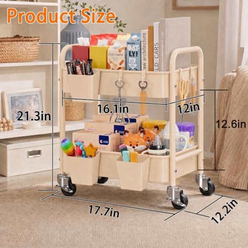 2 Tier Small Rolling Cart Metal with Wheels, 22 Inch Beige Under Desk Carts - Image 2