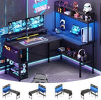 Aheaplus L Shaped Gaming Desk with Power Outlets & LED Lights, Black Oak by Aheaplus