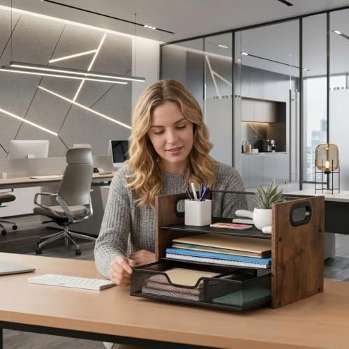 Wood Desk Organizer - 3-Tier Desktop File Organizer with Drawer, Wooden Paper Tray, Office Desk Organzier and Accessories for Papers, Mail, Notebooks, Stationery - Image 6