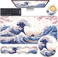 Mouse Pad,Large Pink Desk Mat, 4in1 XXL Mousepad + Keyboard Wrist Rest+Mouse Wrist Rest+Coaster Set with Ergonomic Desk Pad for Home Office Table Computer-Japanese Sea Wave by CICPLKSE