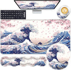 Mouse Pad,Large Pink Desk Mat, 4in1 XXL Mousepad + Keyboard Wrist Rest+Mouse Wrist Rest+Coaster Set with Ergonomic Desk Pad for Home Office Table Computer-Japanese Sea Wave by CICPLKSE