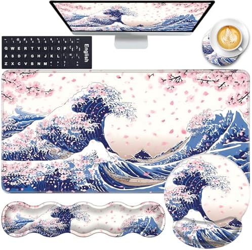 Mouse Pad,Large Pink Desk Mat, 4in1 XXL Mousepad + Keyboard Wrist Rest+Mouse Wrist Rest+Coaster Set with Ergonomic Desk Pad for Home Office Table Computer-Japanese Sea Wave by CICPLKSE