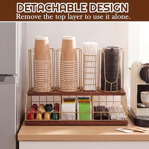 Geelin 18oz Adjustable Coffee Cup Dispenser with Wooden Base, Cup and Lid Holder, Cups Holder Organizer for Coffee Pod Straw and Lid Storage(4-compartment Double,Color 2) - Image 5