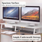 TEAMIX 42 inch Dual Monitor Stand with Storage Drawer & Phone Holder, White - Image 2