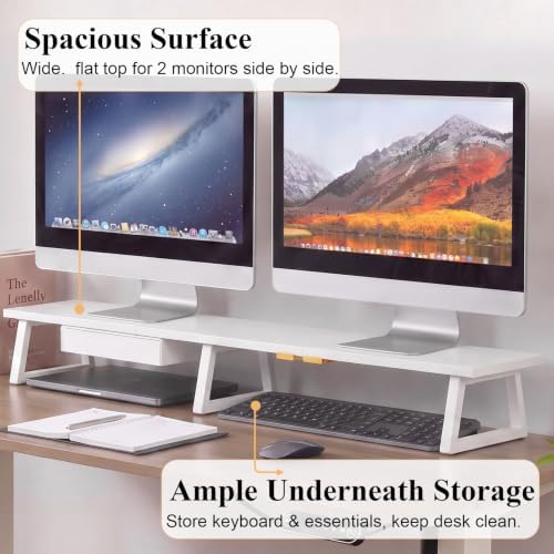 TEAMIX 42 inch Dual Monitor Stand with Storage Drawer & Phone Holder, White - Image 2