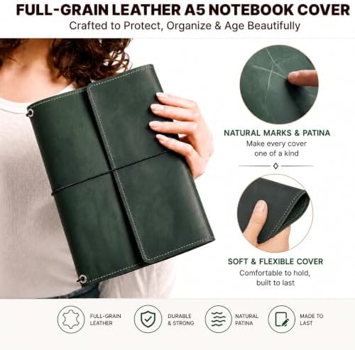 Leather A5 Notebook Cover – Refillable Journal Cover with Pen Holder & Card Slots, Handmade Leather Notebook Case, Fits A5 Notebooks (Paper Not Included), Green - Image 3